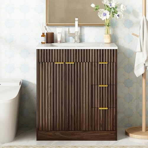 CARPETNAL 30 Inch Bathroom Vanity with Sink, Walnut. | Modern Fluted Bathroom Vanity with Sink with Storage Cabinet, Adjustable Shelf and 2 Soft Closing Doors & 3 Drawers.