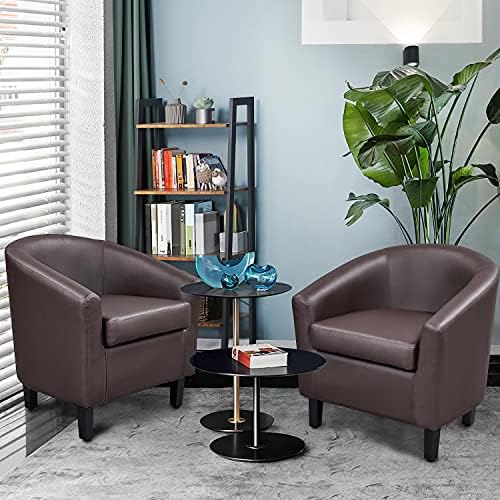 Yaheetech Accent Chairs Set of 2, Faux Leather Barrel Armchairs Espresso