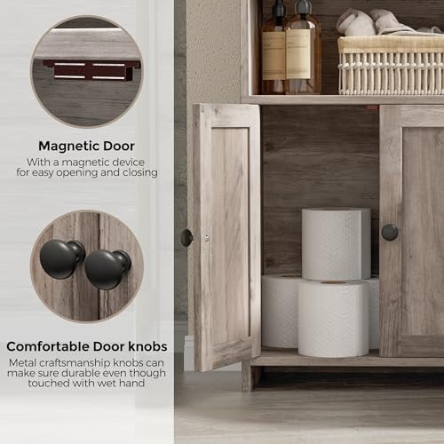 Homhedy Small Bathroom Storage Cabinet, Toilet Paper Storage Cabinet | Bathroom Floor Cabinet with Doors and Shelves, Bathroom Organizers for Small Spaces, 7.9" D x 14.6" W x 31" H, Greige