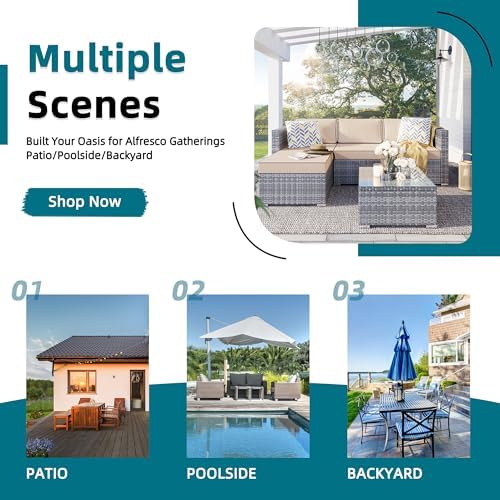 SUNLEI Patio Furniture Set with Detachable Soft Cushions, Outdoor PE Rattan Patio Conversation Sofa Set, 3-Piece Patio Sectional Sofa with Glass Coffee Table (Silver Rattan/Khaki)