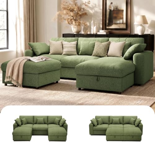 Ihanherry Oversized Cloud Sectional Couches for Living Room, Modular Sectional Sofa with Wide Deep Seat, Coner Couch with Throw Pillow and Storage Ottoman, Green