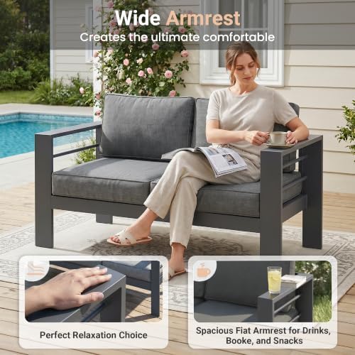 Solaste Aluminum Outdoor Patio Furniture Set, 5 Seats Patio Sectional Sofa with 5" Thick Cushion, Outdoor Patio Set with Coffee Table for Porch, Yard, Backyard, Deck, Grey