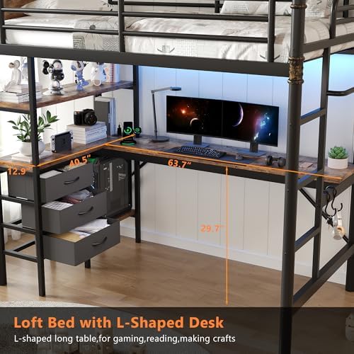 Twin Size Loft Bed with L-Shaped Desk, LED Lights,Charging Station, Industrial Heavy Duty Metal Loft Bed Frame with 3 Storage Shelves and 3 Fabric Drawers, Safety Guard & Ladder, Vintage Brown
