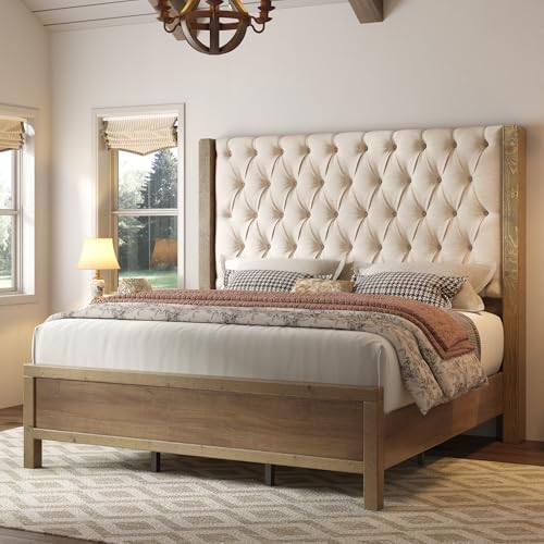 Jocisland Queen Size Solid Wood Bed Frame,57" Wingback Headboard,Gray Wash
