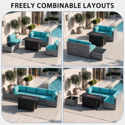 Shintenchi 6 Piece Outdoor Patio Furniture Set with 43 Inch Propane Fire Pit, Washable Cushions, Glass Coffee Table, Waterproof Cover & CSA Certified for Backyard Poolside, Silver PE Rattan/Blue