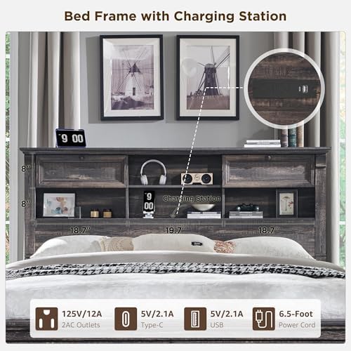 Queen Size Bed Frame with 54" Tall Headboard with 4 Storage Rack, 2 Drawers