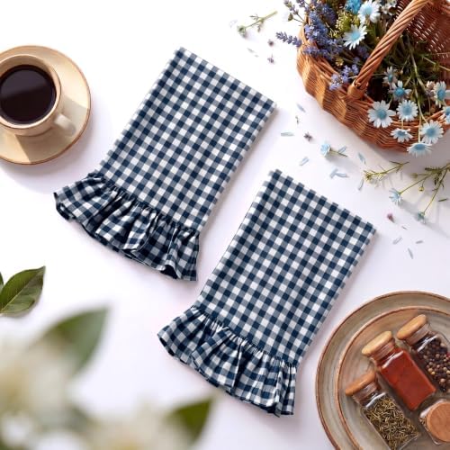 HunnmingRe 2 Pcs Navy Blue Gingham Kitchen Towels Cotton Ruffled