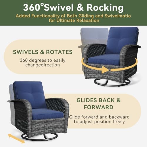 Aoxun 3 Pieces Patio Furniture Set, Swivel Rocker Chairs Set of 2, Navy