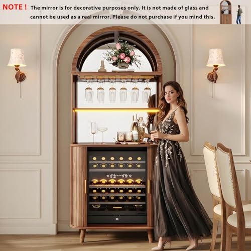 LVB Wine Fridge Cabinet, Arched Bar Cabinet with LED Light, Walnut, 73 Inch