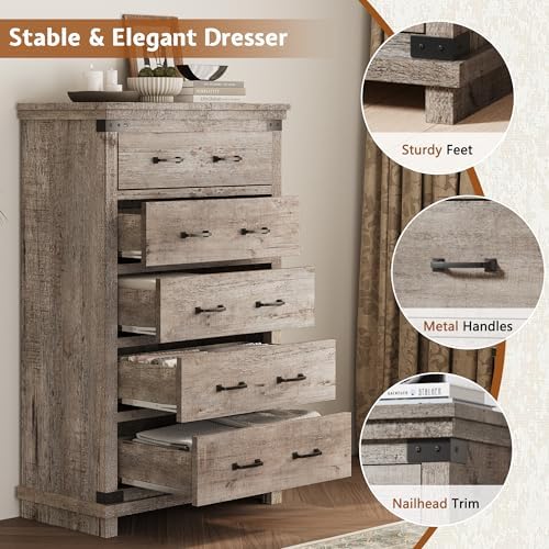 AMERLIFE 5 Pieces Farmhouse Bedroom Set, Includes Rustic Full Bed Frame with 54" Tall Headboard, 6 Drawer Dresser, 5 Drawer Tall Chest, Nightstands Set of 2 with Charging Station, Rustic Grey
