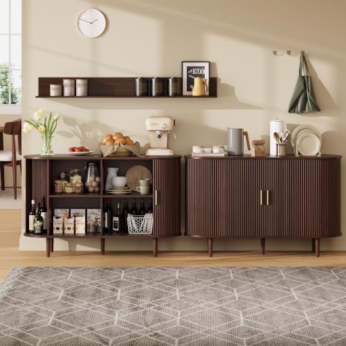 47.2" Sideboard Buffet Cabinet with Sliding Door,Fluted Cabinet with Storage & 2 Adjustable Shelfs,Mid Century Modern Coffee Bar Console Table for Kitchen, Living Room, Entryway，Walnut