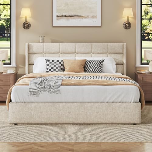 HISOFT Queen Size Lift Up Storage Bed Frame, Linen Upholstered Platform Bed with Wingback Headboard, Heavy Duty Hydraulic Gas Lift Underbed Space, Reinforced Full Metal Slats, Noise Free, Beige