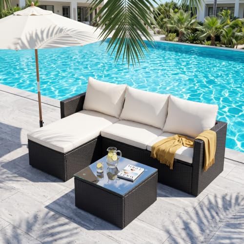 SUNLEI Patio Furniture Set with Detachable Soft Cushions, Outdoor PE Rattan Patio Conversation Sofa Set, 3-Piece Patio Sectional Sofa with Glass Coffee Table (Black Rattan&White)