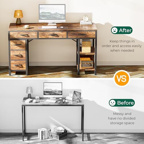 Huuger Computer Desk with 6 Drawers, Office Desk with Shelves, Reversible Gaming Desk, Corner Desk with Storage, Work for Home Office, Study, Living Room, 47inch, Rustic Brown