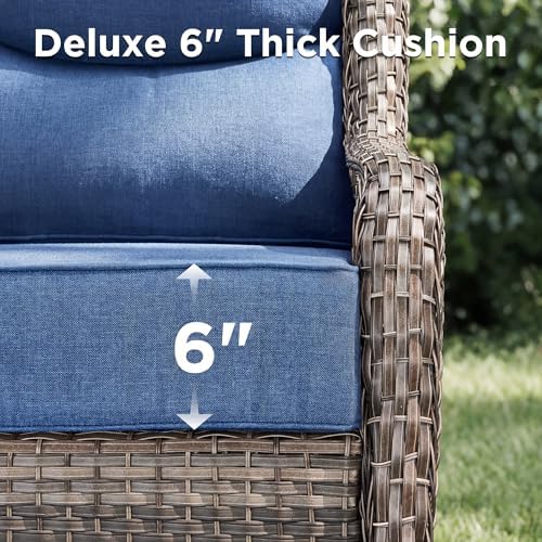 Luxury Outdoor Swivel Rocker Patio Chairs-4 Pieces High Back Swivel Rocker Patio Chairs with Thick Cushions All Weather Wicker Outdoor Furniture Set for Deck Porch Balcony(Grey/Blue)