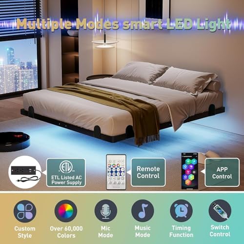 qimamo Floating King Bed Frame, 7 Inch Metal Platform Bed with Smart LED Lights & Charging Station, Easy Assembly, No Box Spring Needed
