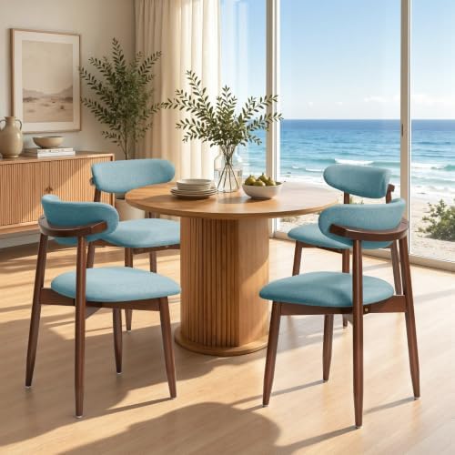CHUN YI Dining Chairs Set of 4, Upholstered Solid Wood Dining Room Chairs, Mid Century Modern Fabric Kitchen Chairs with Ergonomic Curved Back, Blue (Only Chairs)