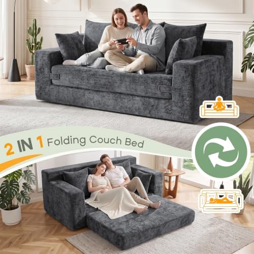 3 Seater Boneless Couch for Living Room, Convertible Sofa Bed in A Box, Folding Pull Out Couch with Comfy Corduroy, Loveseat Sleeper Floor Sofa with 5 Pillows, Velvet Fabric, Grey