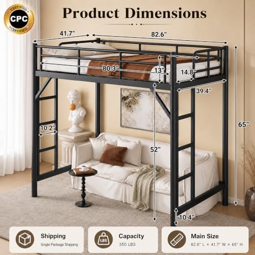 Bellemave Twin XL Loft Bed Frame, Metal Round Pipe, Dual Ladders, Black