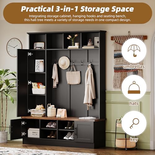 Merax Farmhouse Wood Hall Tree with Shoe Bench and 2 Drawers, 4-in-1 Coat Rack with 6 Hooks for Entrance, Hallway, Mudroom Black
