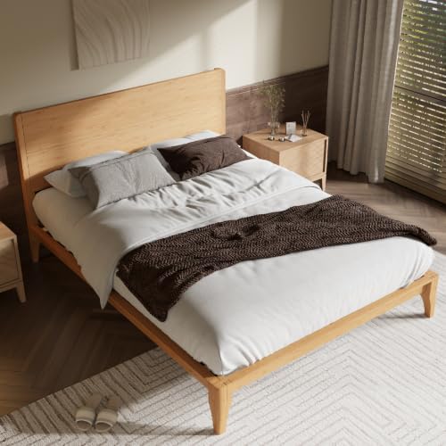 Merax Full Size Bamboo Platform Bed Frame with Tall Headboard, Natural