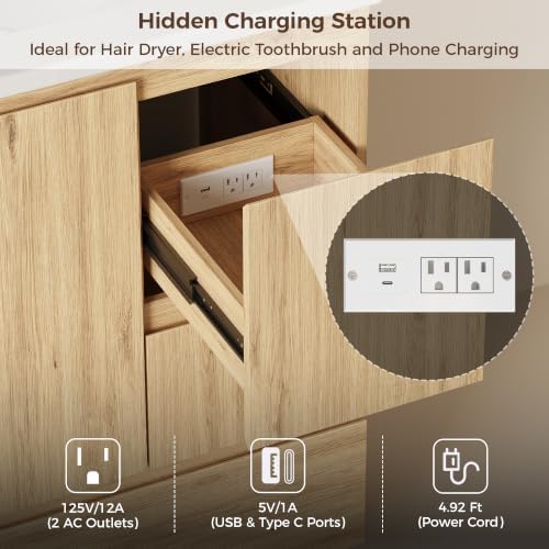 IRONCK 30-Inch Bathroom Vanity with Ceramic Sink, Modern (Natural Oak) | Power Outlet | Freestanding | Divided storage | Hiddle Handle | Soft-Close Hinges