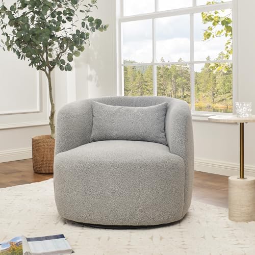 KINWELL 34" W Boucle Swivel Barrel Chair with Toss Pillow, Gray