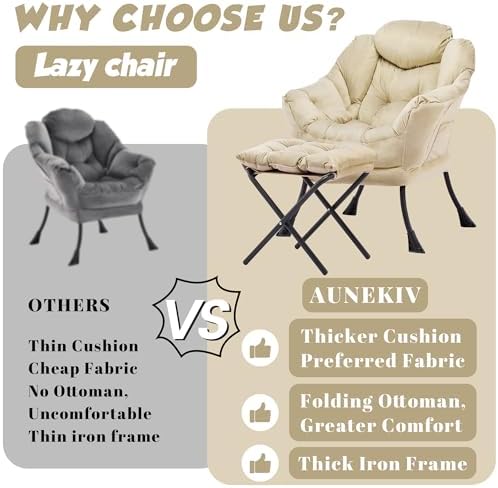 Lazy Chair with Ottoman, Comfy Reading Chair, Khaki