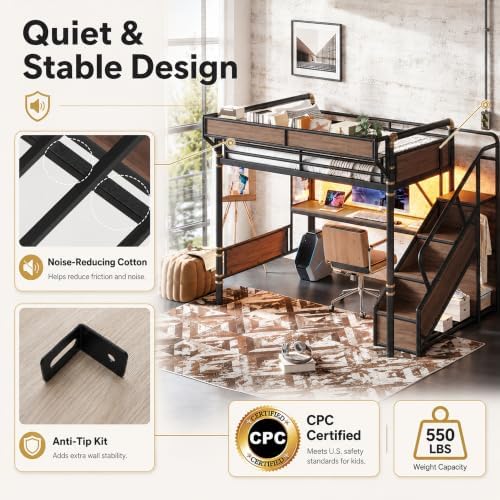 KEIKI Full Size Metal Loft Bed Frame with Storage Staircase, Desk, Black