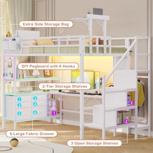 Dnxao Loft Bed Twin Size with 6 Storage Drawers and Foldable Table, White