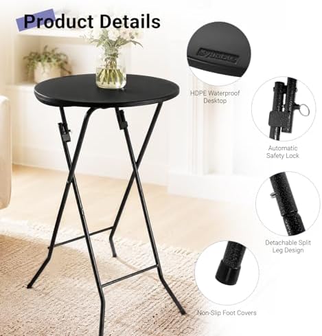 Byliable 24in Round Folding Cocktail Table, Plastic Bar Height Table, Black