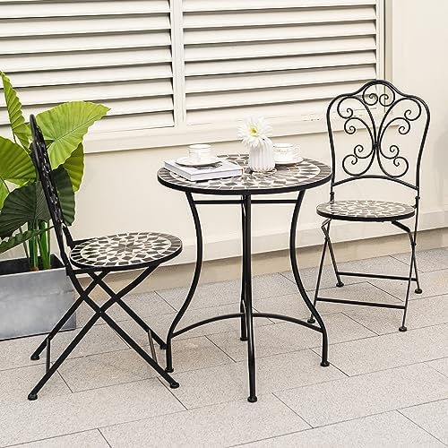 GIANTEX 24 Inch Patio Bistro Table, Mosaic Round Table w/Ceramic Tile Tabletop, Heavy-Duty Metal Structure, Outdoor Dining Table for Backyard, Garden, Porch (Black (Star Pattern))
