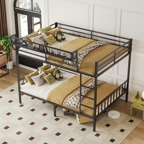 Queen Over Queen Metal Bunk Bed with Storage Shelf & USB Charging