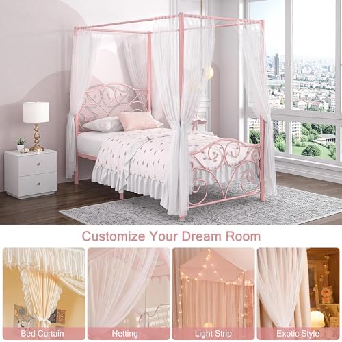 VECELO Metal Canopy Bed Frame Twin Size, 4 Posters Platform Mattress Foundation with Headboard, Heavy Duty Steel Slats Support, No Box Spring Needed, Pink