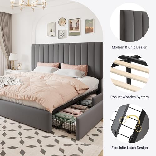 Allewie King Size Storage Bed Frame, Vertical Channel Tufted Adjustable Headboard, Velvet Upholstered Platform Bed with 4 Oversized Underbed Drawers, Wooden Slats Support, No Box Spring Needed, Grey