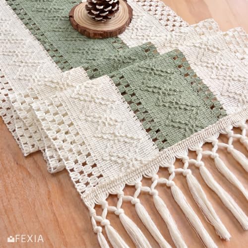 FEXIA Boho Table Runner with Tassels for Home Decor 12x72 Inches Green