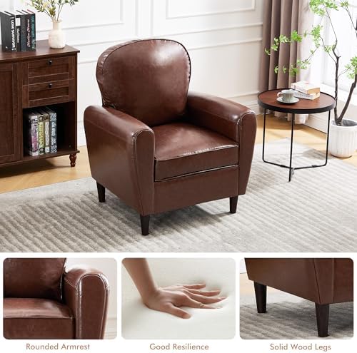 Mid Century Accent Chair, Modern Faux Leather Arm Chair, Comfy Upholstered Reading Chairs Single Sofa Chair for Living Room, Bedroom, Club, Brown