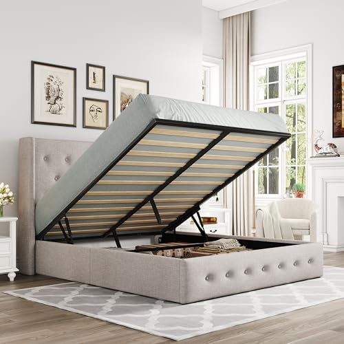 Allewie Full Size Lift Up Storage Button-Tufted Bed Frame Light Beige