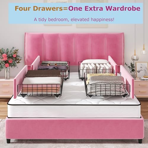 VECELO Queen Upholstered Bed Frame with 4 Storage Drawers and Adjustable Velvet Headboard, Heavy-Duty Platform bedframe, No Box Spring Needed, Pink