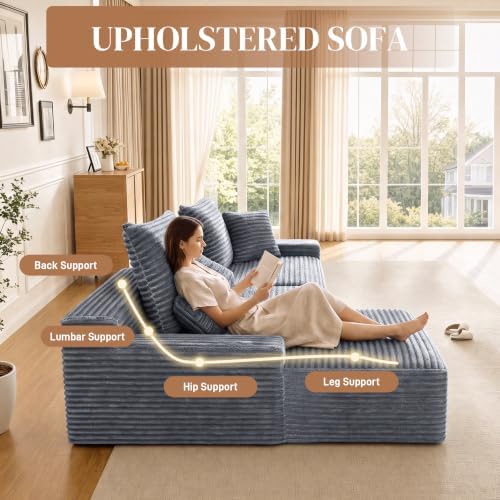 95" L Shaped Cloud Couch Modular Sectional Sofa, Comfy Fluffy Corduroy Grey Boneless Sectional Couches for Living Room, Modern Cloud Sofas with Cup Holders & Left Facing Chaise, Grey
