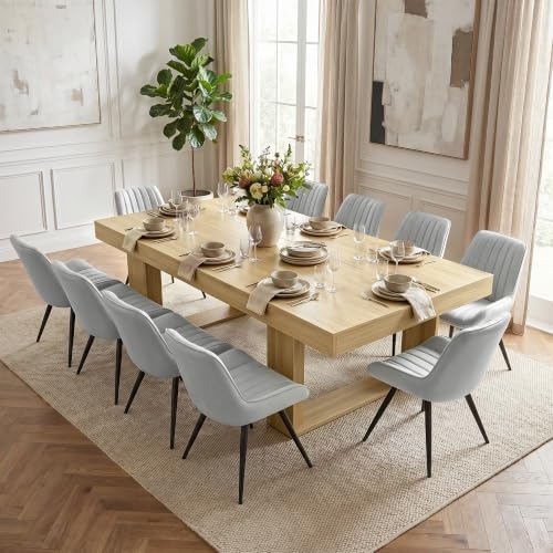 Miereirl 9-Piece Modern Farmhouse Dining Table Set, 86.6" x 47.2" Sturdy Stable Dining Table with 8 Chairs, Rectangular Kitchen Table Set for 8,(Natura Table+8 Grey Chairs)