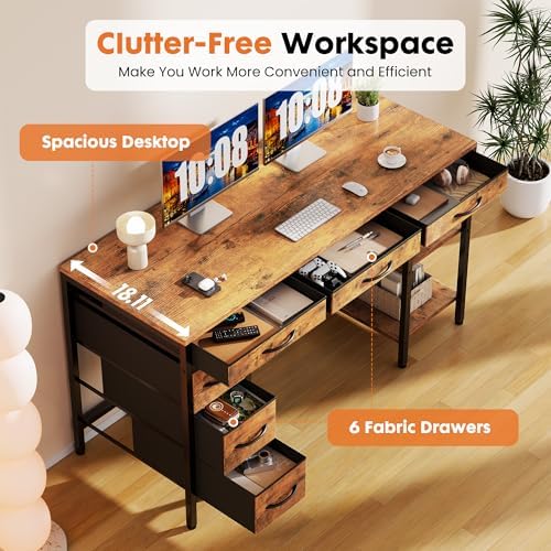 Sweetcrispy 47" Computer Desk with 6 Fabric Drawers & Storage Shelves