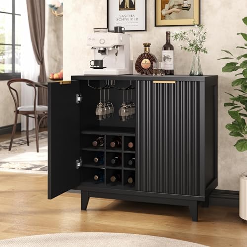 Vabches Modern Fluted Coffee Bar Cabinet with Removable Wine Rack, Black