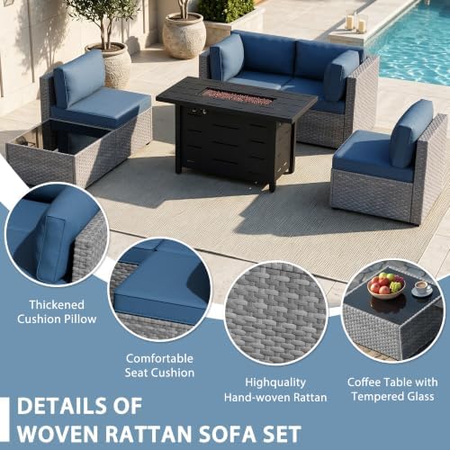 Shintenchi 6 Piece Outdoor Patio Furniture Set with 43 Inch Propane Fire Pit, Washable Cushions, Glass Coffee Table, Waterproof Cover & CSA Certified for Backyard Poolside, Silver PE Rattan/Navy Blue