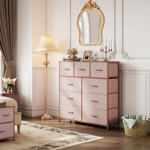 WLIVE Tall Dresser for Bedroom, 9 Drawer Chest of Drawers, Pink