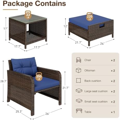 LHBcraft 5 Piece Patio Furniture Set, PE Wicker Outdoor Furniture Set with Soft Cushions & Coffee Table, Outdoor Lounge Chairs with Ottoman for Porch, Lawn, Balcony, Blue-Brown