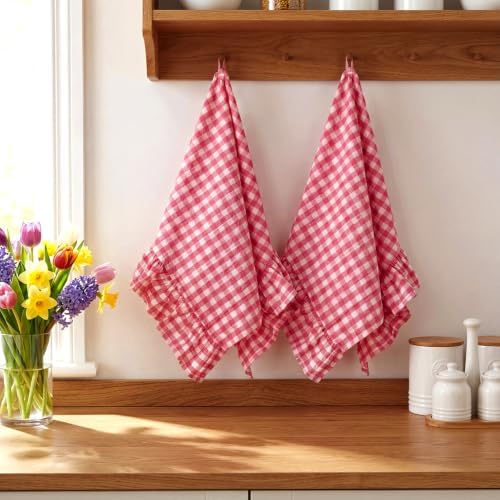 HunnmingRe 2 Pcs Watermelon Pink Gingham Kitchen Towels Cotton Ruffled