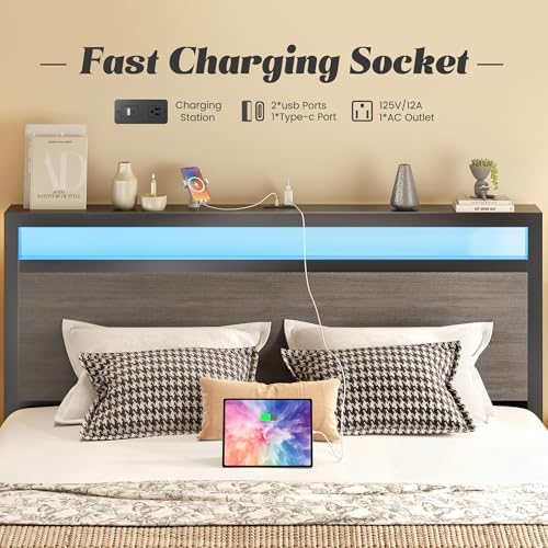 Fluest Queen Bed Frame with Headboard, Fast-Charging & LED, Storage Shelf