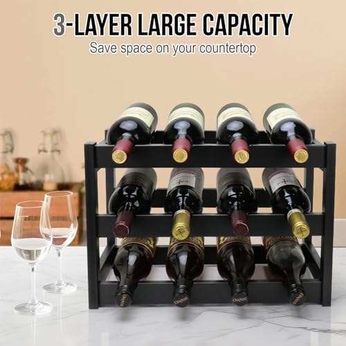 Bamboo Wine Rack, 3-Tier 12 Bottles Wine Storage Cabinet Shelf