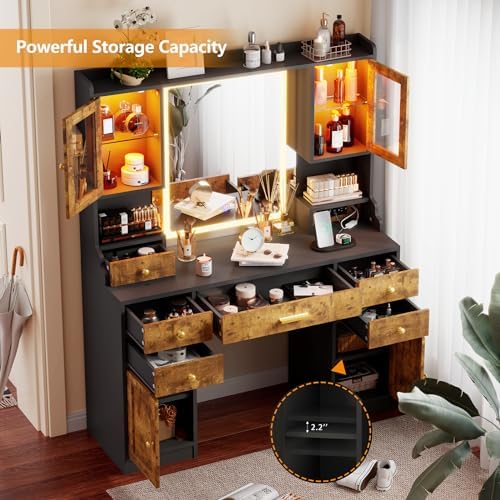 Rustic Vanity Desk with Mirror and Lights in 3 Colors & 2 RGB Cabinets | 3 Colors Makeup Vanity with Charging Station & 6 Drawers, Large Dressing Table with Open Storage Shelves for Bedroom